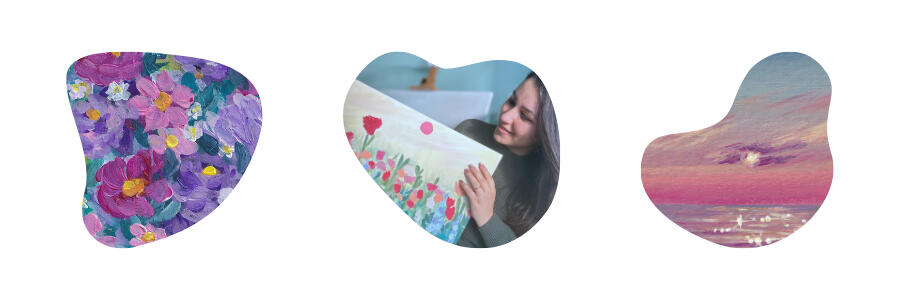 shop originals clickable image (directing to mgiuliaart ebay shop). Image showing one close up of floral pink painting, one close up of artist holding a floral textured large painting and one close up of a pink sunset seascape painting