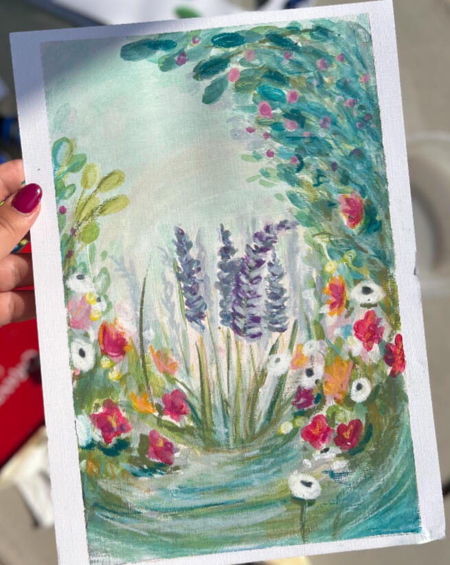 hand holding a painting on paper, representing a impressionistic / semi abstract botanical nature inspired scene with lavender, leaves and wildflowers